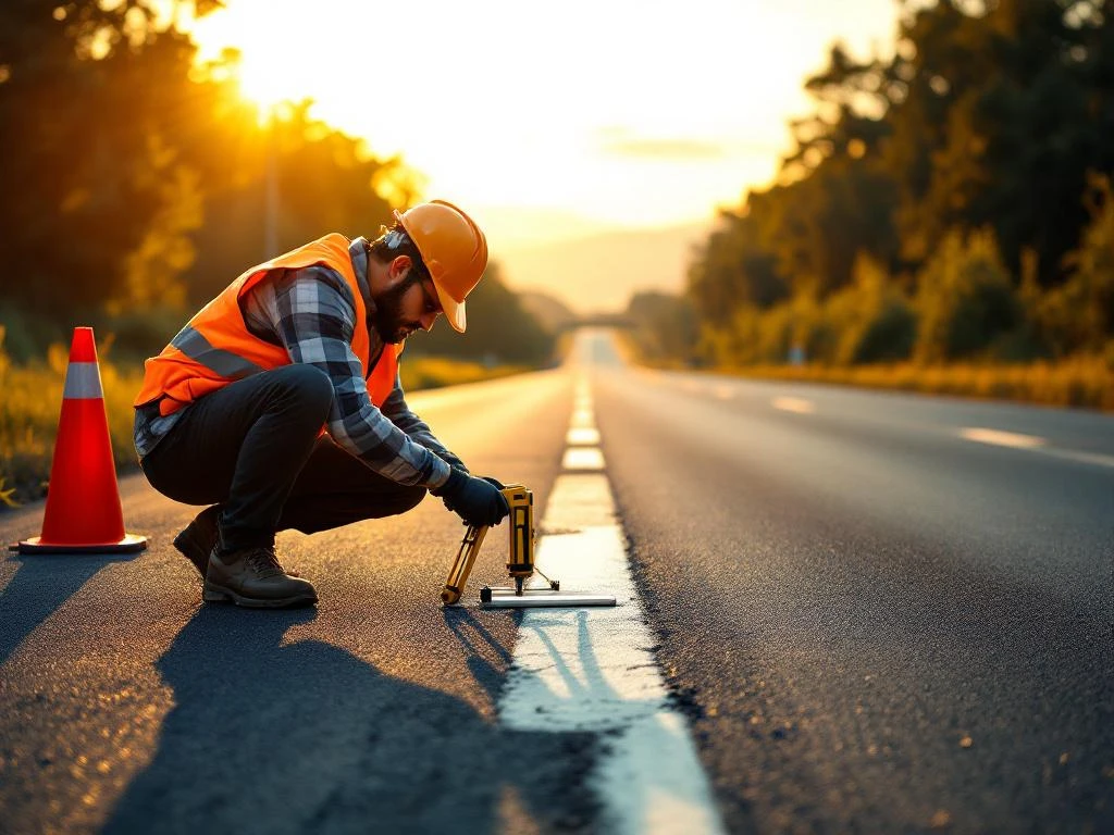 Weginspecteur in oranje veiligheidsvest onderzoekt asfalt met meetapparatuur en verkeerskegels op snelweg