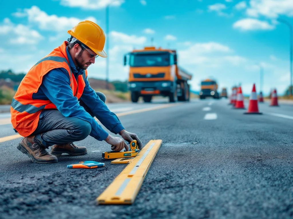 Weginspecteur in oranje veiligheidsvest controleert asfalt met meetapparatuur op moderne snelweg met verkeersmiddelen