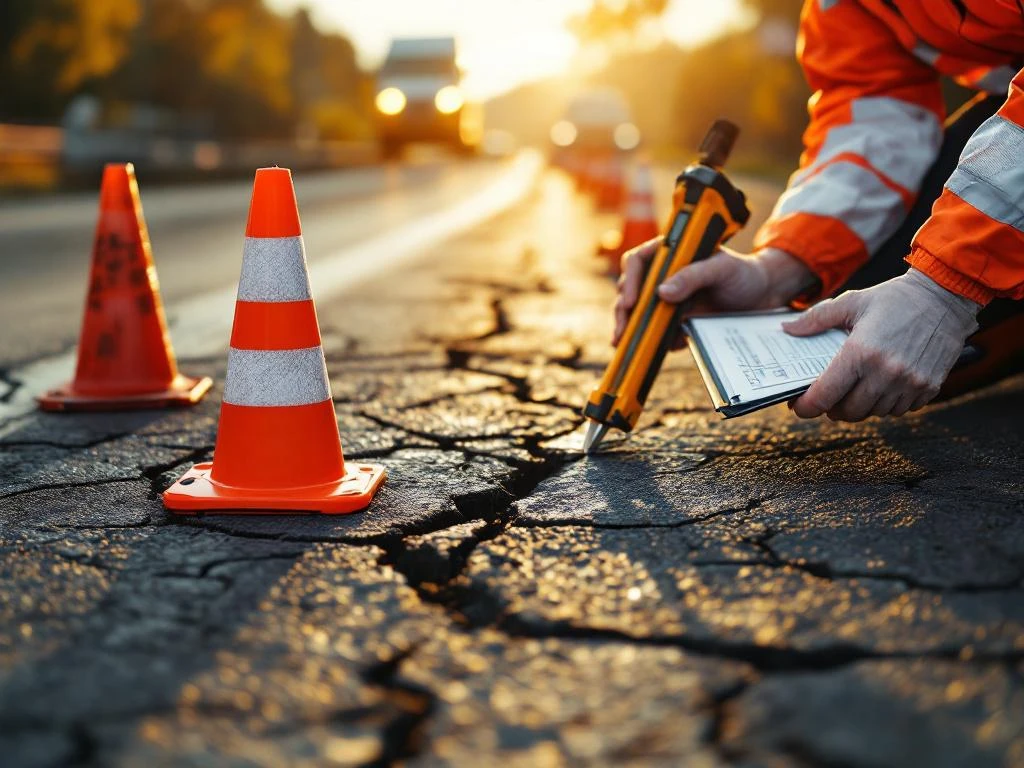 Weginspecteur in veiligheidsvest onderzoekt beschadigd asfalt met meetapparatuur tussen verkeerskegels op snelweg