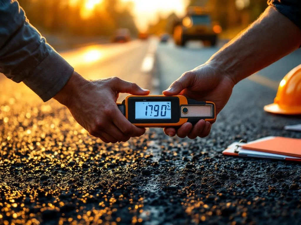 Weginspecteur gebruikt digitaal meetapparaat op vers asfalt, met veiligheidskleding en bouwapparatuur op achtergrond