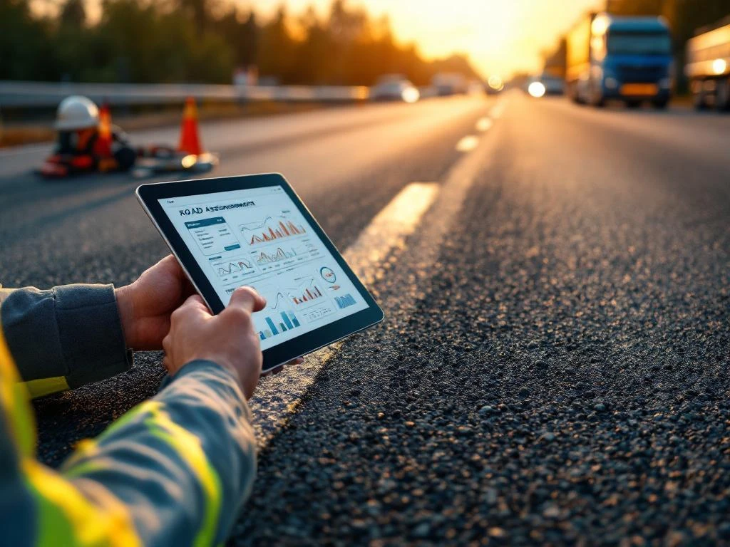 Weginspecteur houdt digitale tablet met wegbeoordelingsgegevens boven vers asfalt met wegmarkeringen en veiligheidsuitrusting
