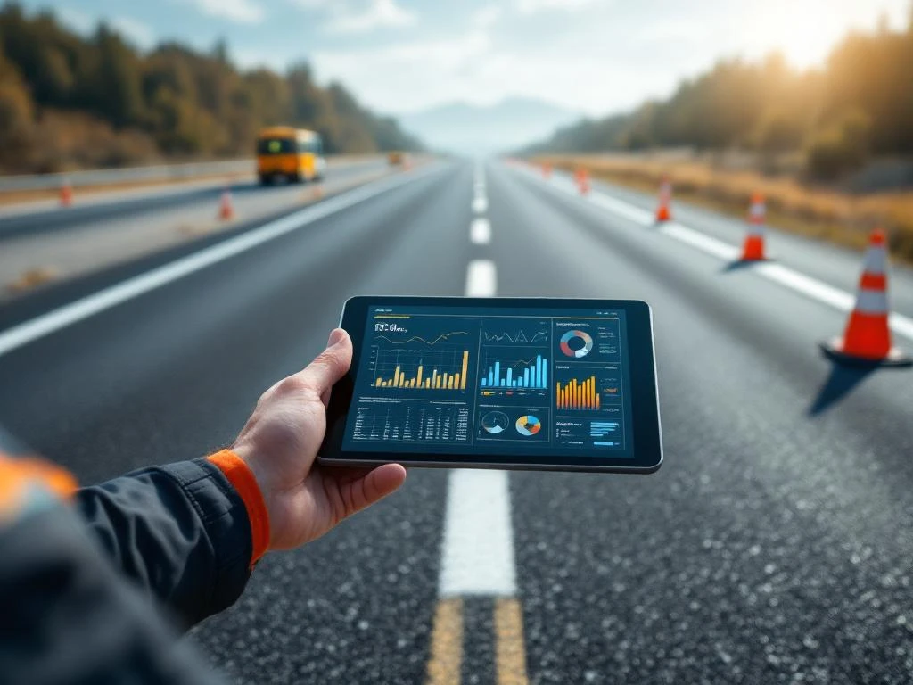 Weginspecteur houdt tablet met technische weganalyse vast op asfaltweg met meetapparatuur en veiligheidskegels