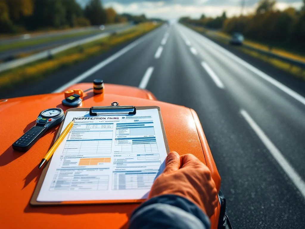 Klembord met weginspectieformulieren op oranje voertuig met Nederlandse snelweg en veiligheidsinstrumenten op achtergrond