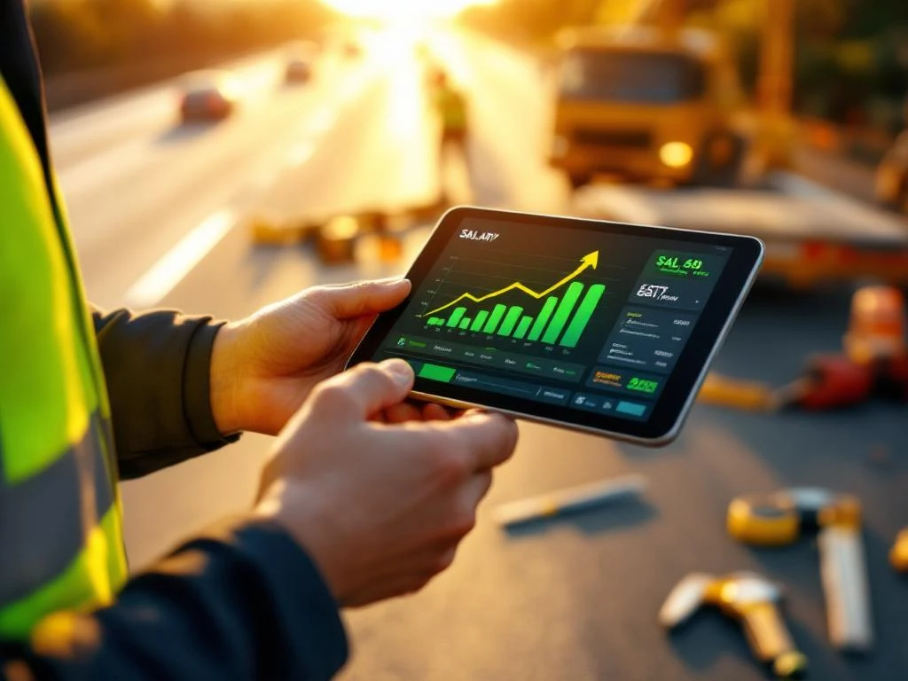 Weginspecteur houdt tablet met salarisgrafieken en stijgende trends vast, constructieachtergrond, gouden uur verlichting