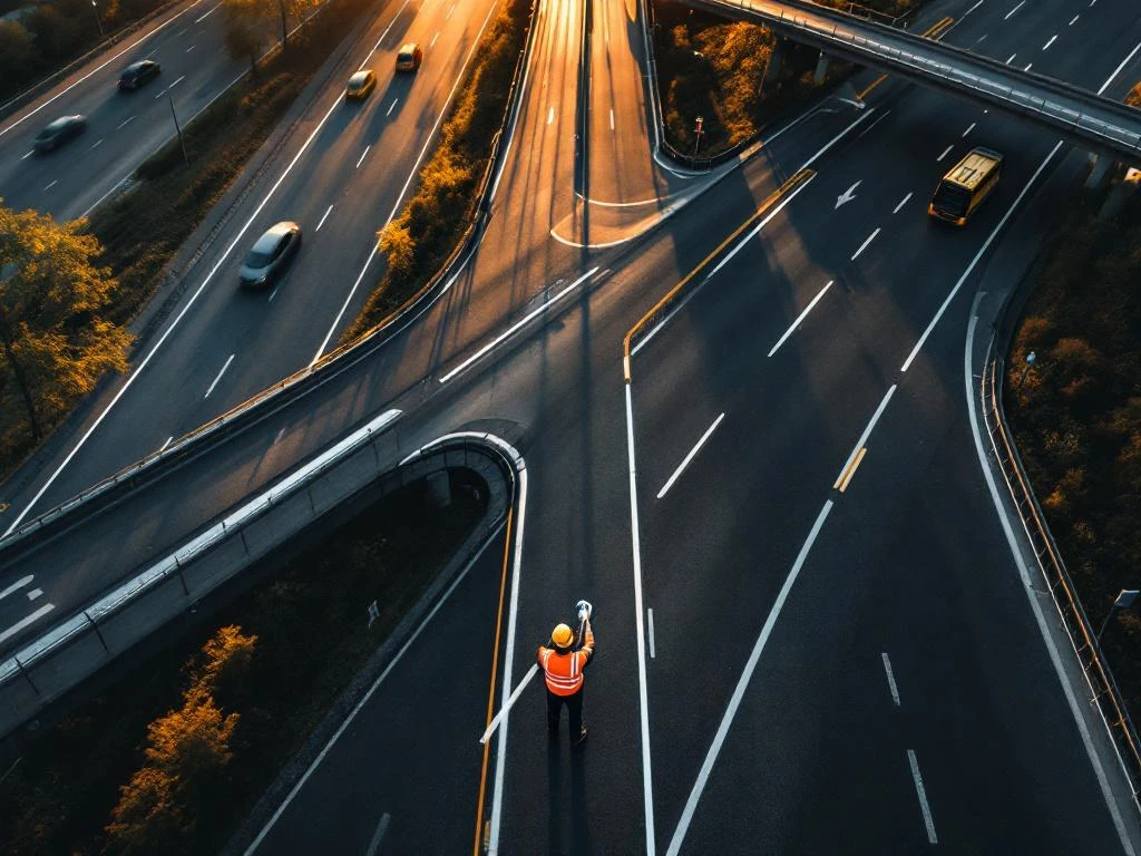 Weginspecteur in oranje veiligheidsvest onderzoekt wegdek bij Nederlandse snelwegkruising vanuit luchtperspectief