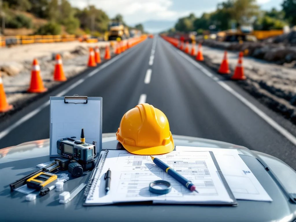 Weginspecteur werkplek met meetgereedschap, veiligheidshelm en klembord op werkvoertuig bij wegenbouwproject