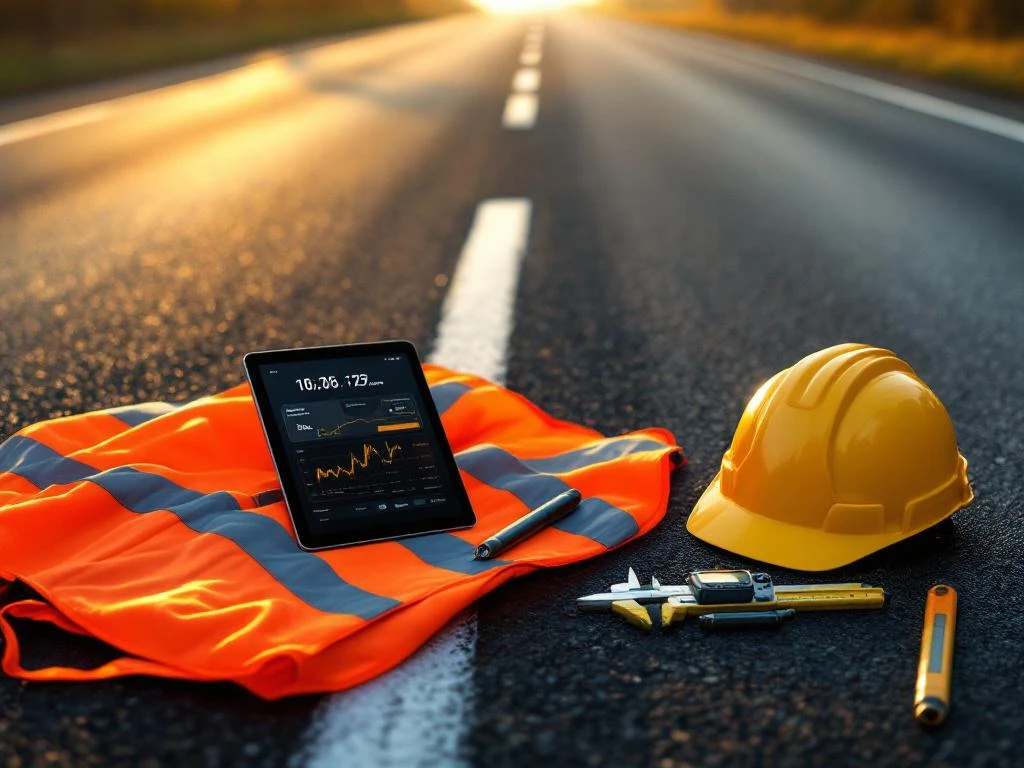 Weginspecteur werkplek met oranje veiligheidsvest, tablet, meetgereedschap en helm op asfaltweg tijdens gouden uur