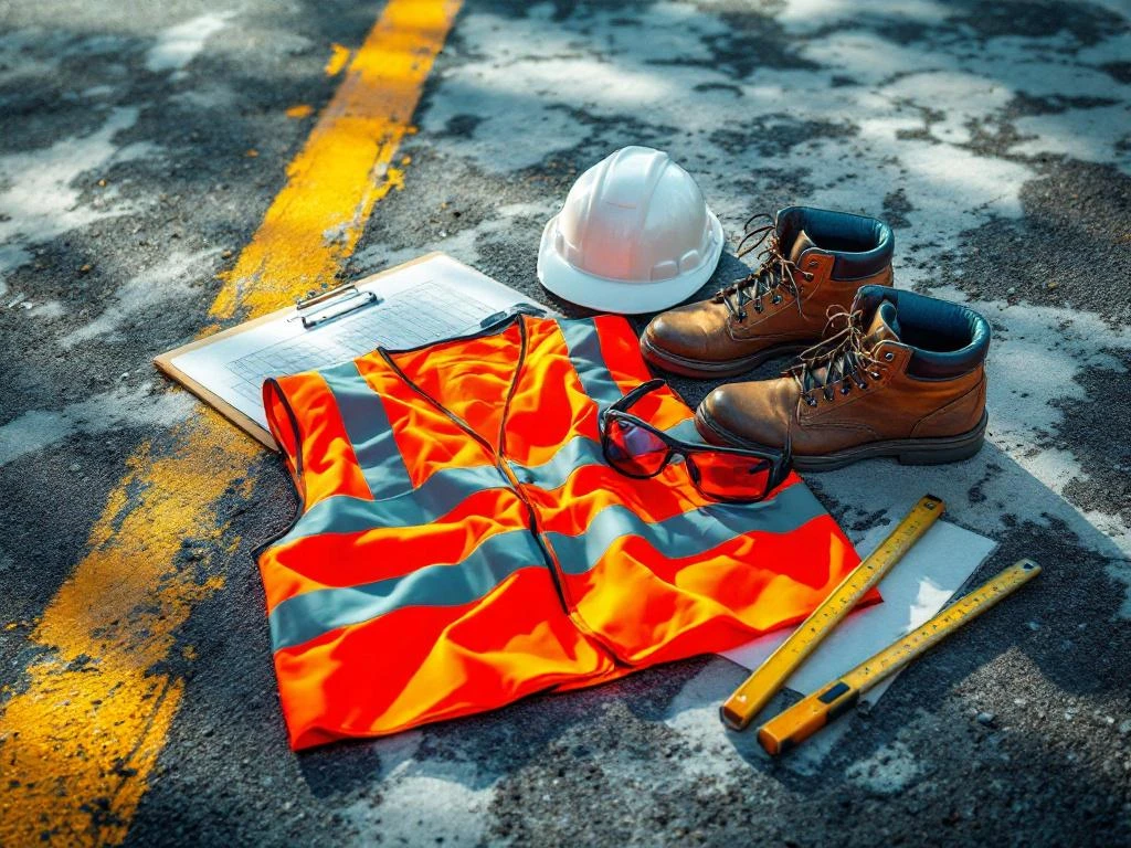 Veiligheidsvest, helm, bril en werkschoenen voor weginspecteur op betonnen ondergrond met asfaltweg op achtergrond