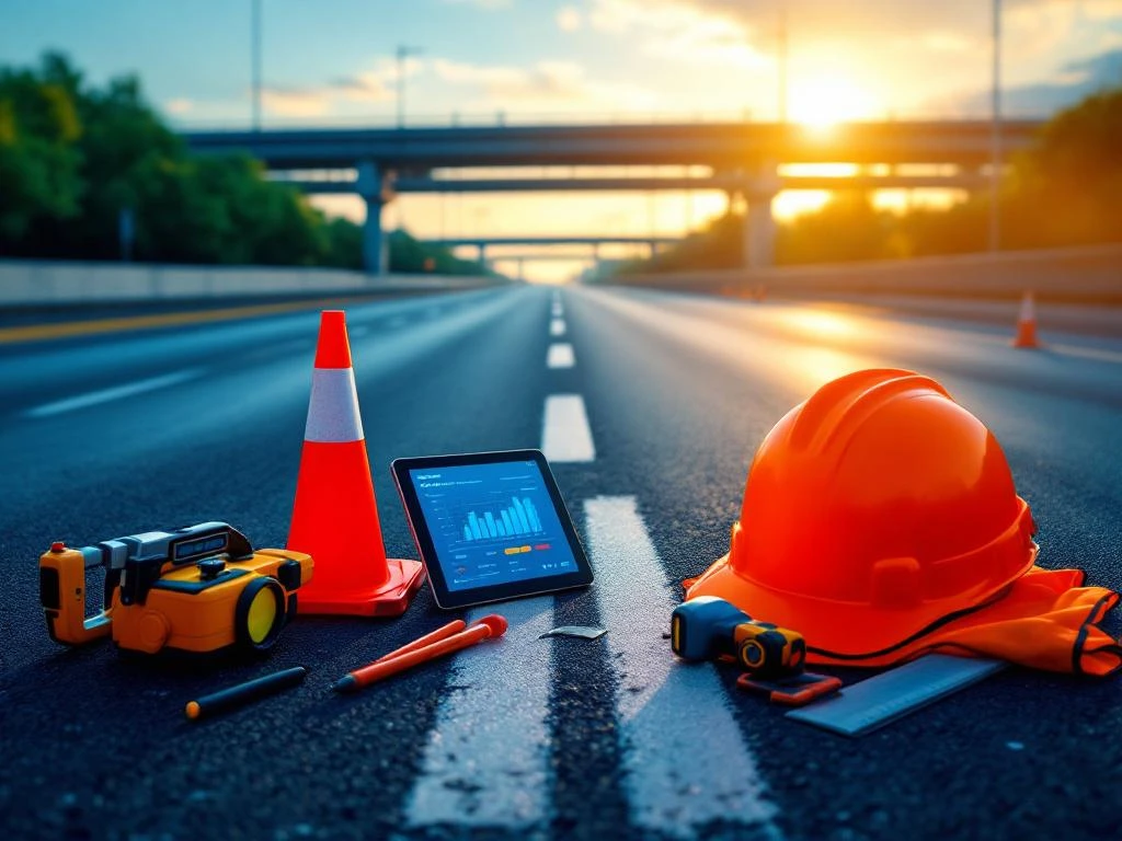 Weginspecteur werkomgeving met meetapparatuur, veiligheidskegels en tablet op asfalt bij moderne snelweg