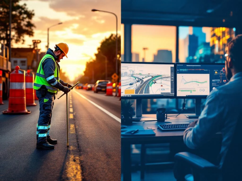 Weginspecteur in veiligheidsvest onderzoekt asfalt naast verkeerstechnicus die verkeersstromen analyseert op computermonitors