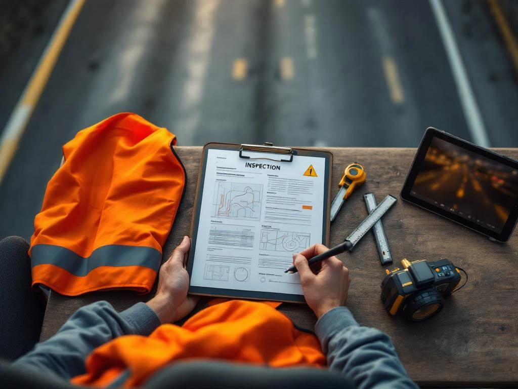 Werkplek van weginspecteur met klembord, veiligheidsvest, meetgereedschap en tablet met wegdiagrammen op bureau