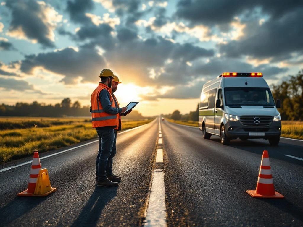 Twee weginspecteurs in oranje veiligheidsvesten controleren wegmarkering op Nederlandse snelweg met tablet en klembord