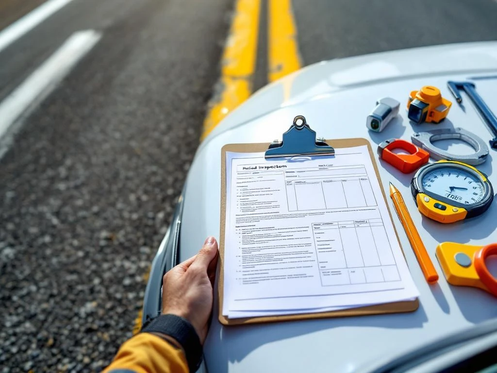 Weginspecteur klembord met officiële formulieren op witte inspectiewagen, verse asfaltweg met gele markeringen op achtergrond