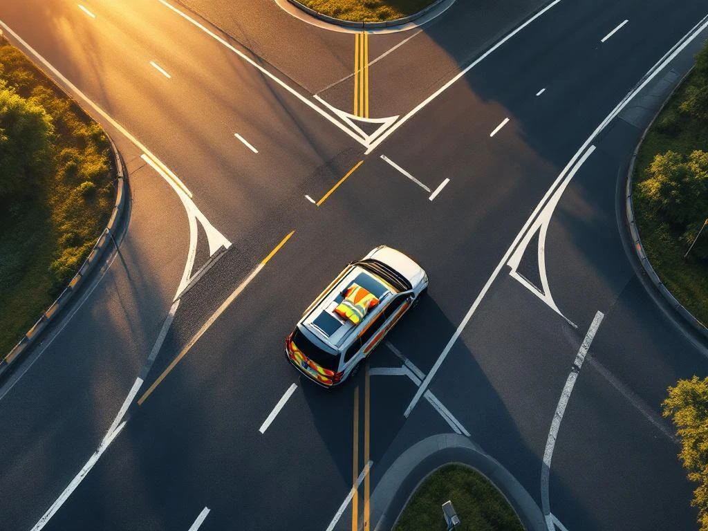 Luchtfoto van moderne snelwegkruising met wegenbouwapparatuur en inspectieauto tijdens gouden uur