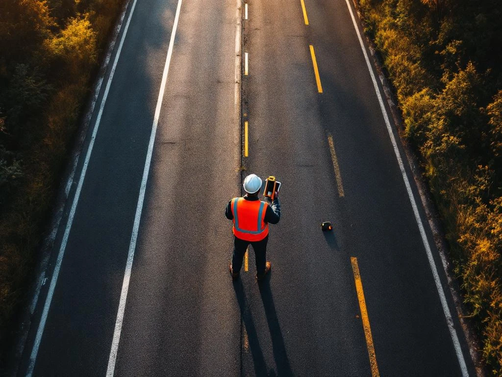 Weginspecteur in oranje hesje onderzoekt asfaltweg met meetapparatuur tijdens gouden uur, luchtfoto