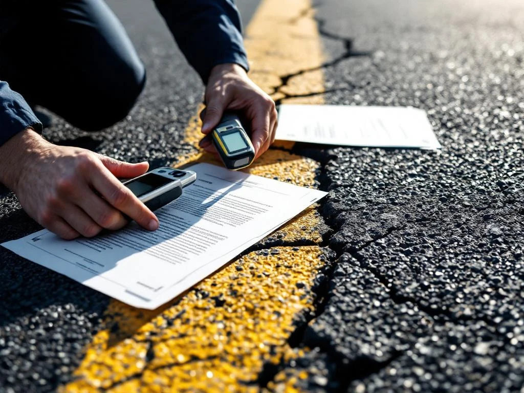 Weginspecteur onderzoekt asfaltscheuren met digitale meetapparatuur en officiële documentatie