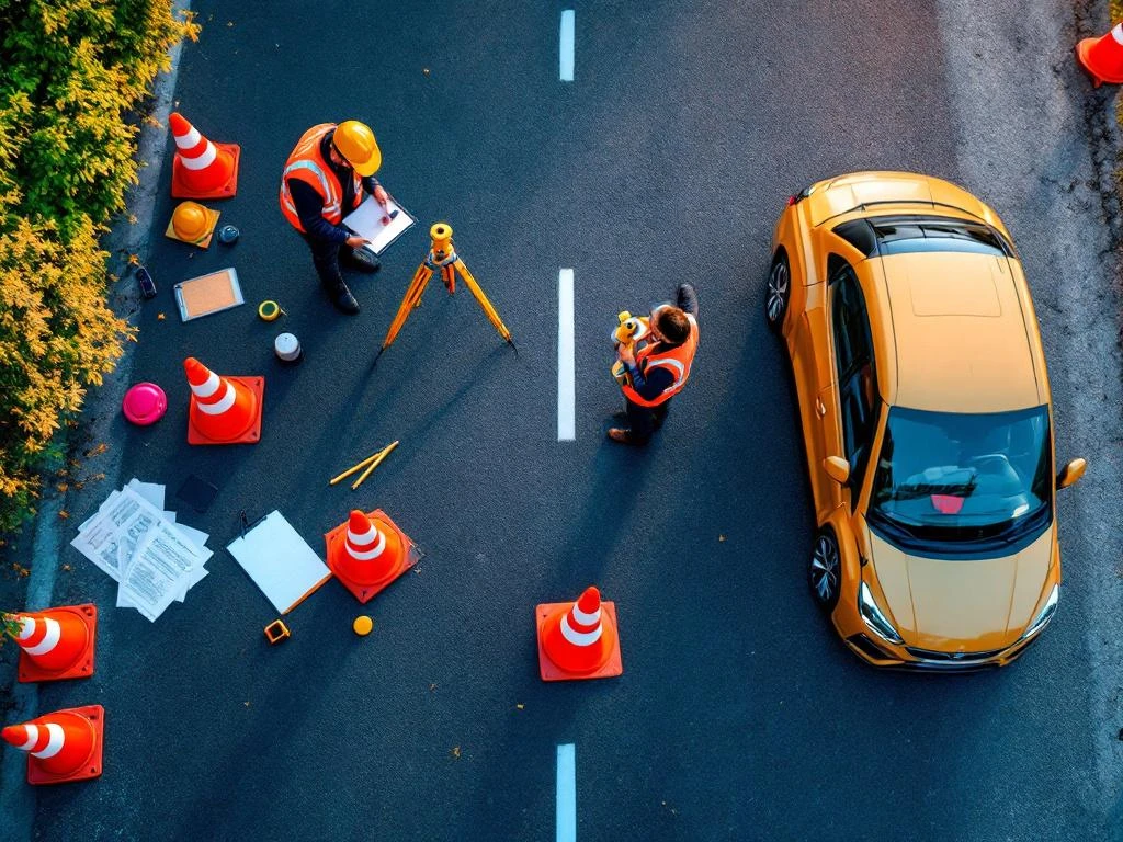 Weginspecteur in oranje veiligheidsvest onderzoekt asfalt met digitale tablet en meetapparatuur vanuit vogelperspectief