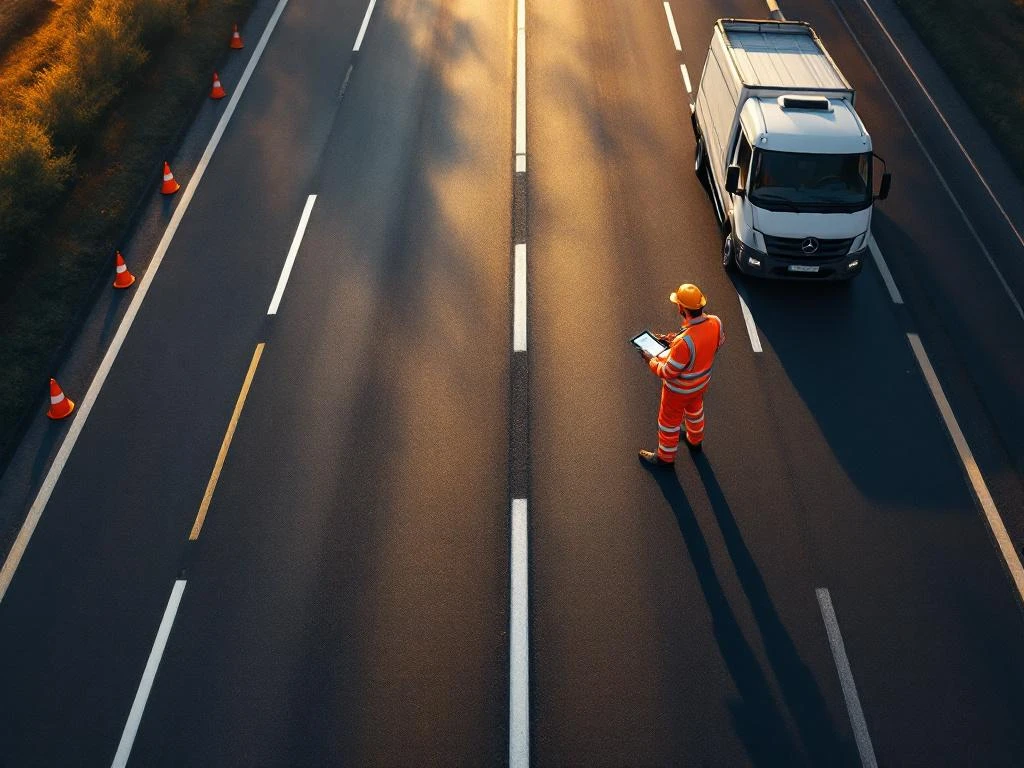 Weginspecteur in oranje veiligheidsvest onderzoekt asfalt met tablet en meetapparatuur op Nederlandse snelweg