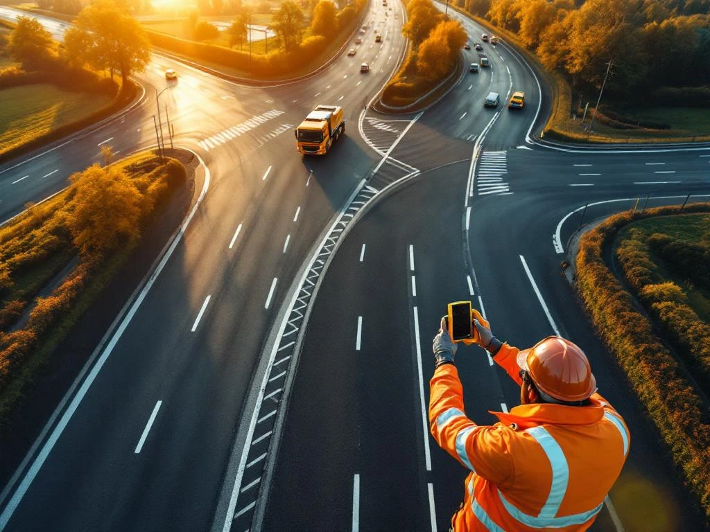 Weginspecteur in oranje veiligheidspak onderzoekt asfalt op Nederlandse snelwegkruising met meetinstrumenten