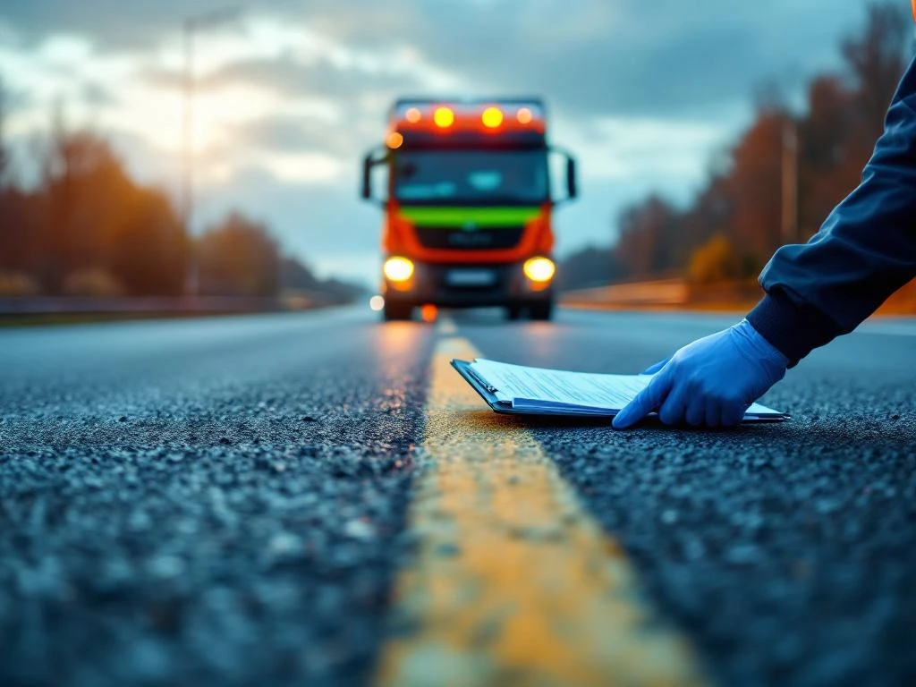 Weginspecteur in oranje veiligheidsvest onderzoekt asfalt met meetapparatuur op Nederlandse snelweg