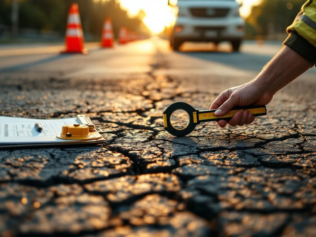 Weginspecteur meet scheuren in asfalt met professionele meetapparatuur, meetwiel en klembord zichtbaar op achtergrond
