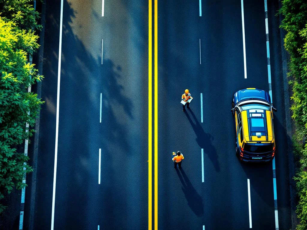 Luchtfoto van weginspectie met meetapparatuur, digitale tablets en gespecialiseerd voertuig op moderne snelweg