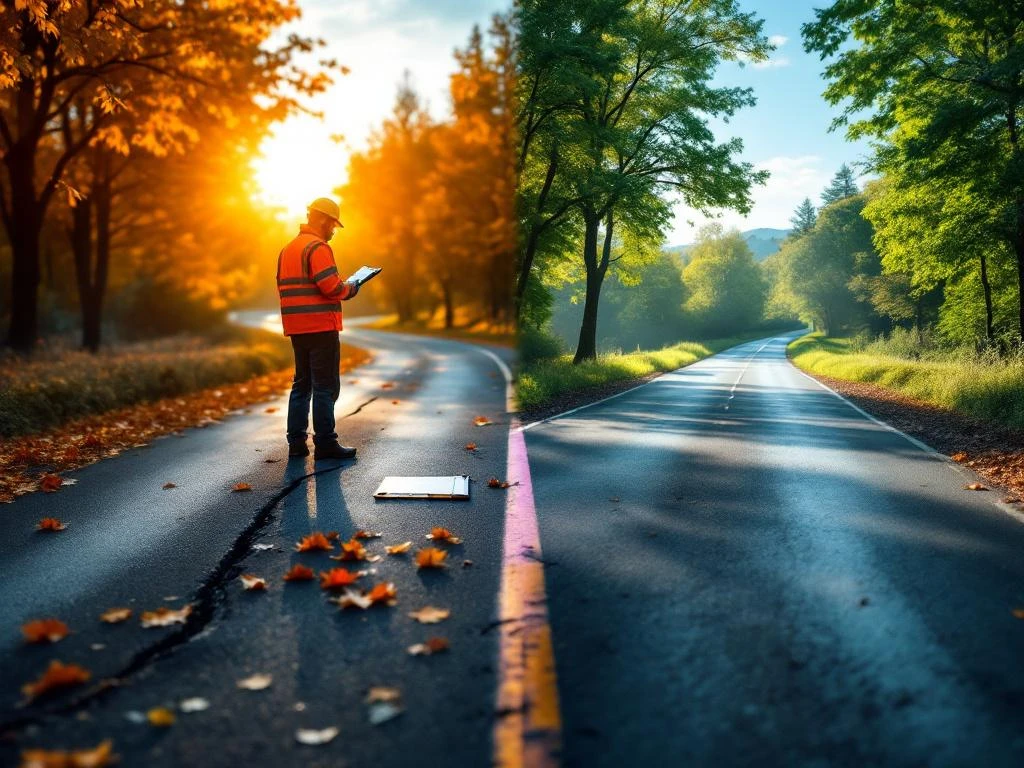 Weginspecteur in reflecterend vest onderzoekt asfaltscheuren in herfst en lente met professionele meetapparatuur