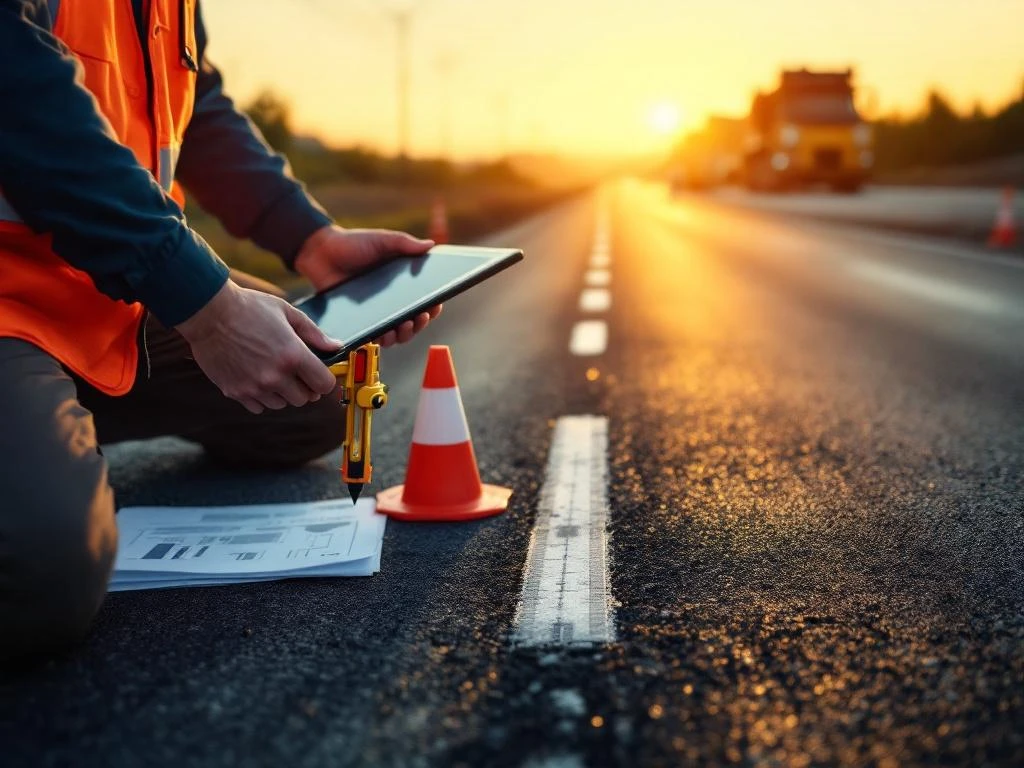 Weginspecteur in reflecterend vest onderzoekt asfalt met digitale tablet en meetapparatuur op moderne snelweg