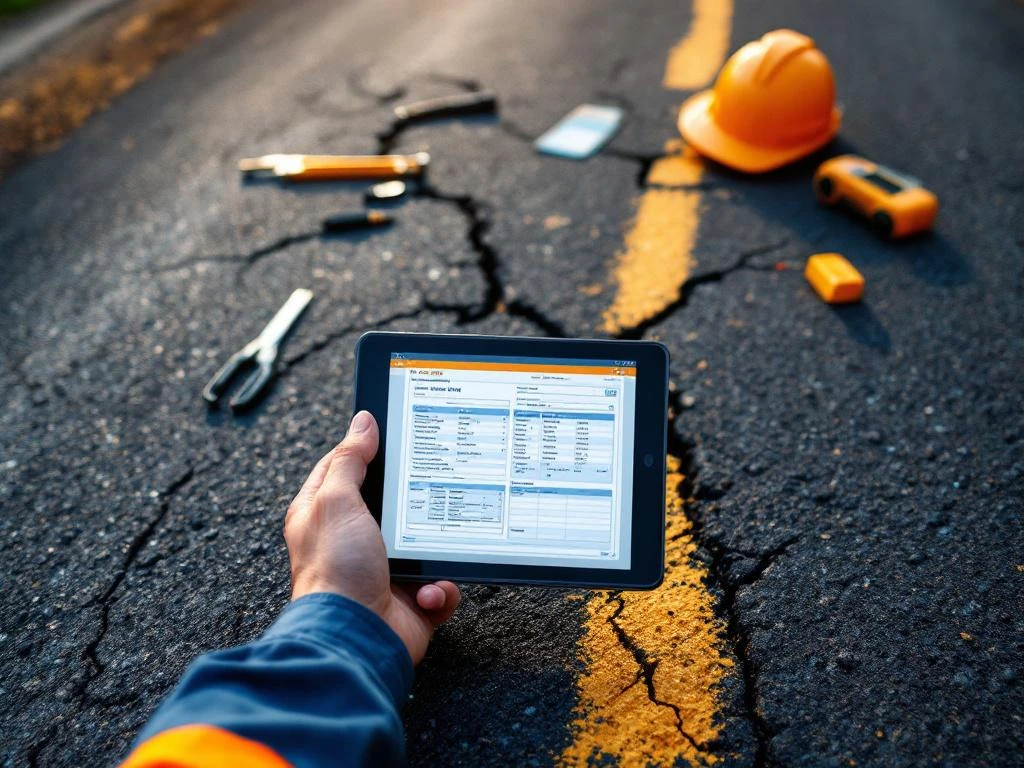 Weginspecteur met tablet documenteert asfaltscheuren en wegconditie tijdens professionele wegkeuring