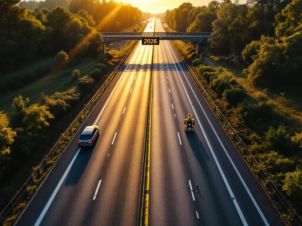 Luchtfoto van Nederlandse snelweg met landmeetapparatuur en calculator met "2026" tijdens gouden uur
