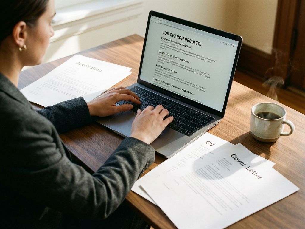 Professionele persoon zoekt werk op laptop met sollicitatiepapieren en koffie op modern bureau bij raam