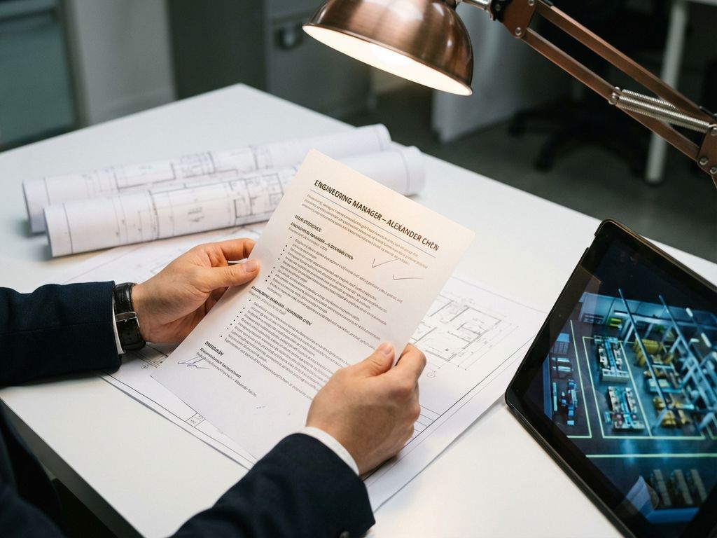Professioneel geklede persoon bekijkt cv-document op bureau met industriële blauwdrukken en tablet met fabrieksindeling