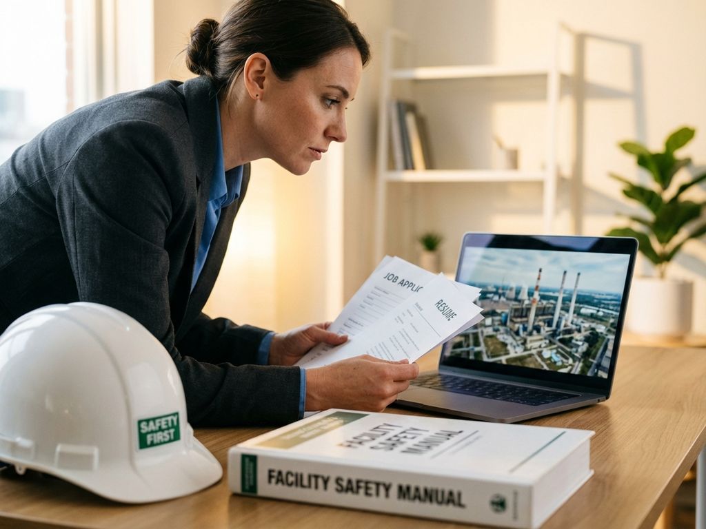 Professionele persoon in pak bekijkt sollicitatiepapieren aan bureau met laptop, helm en veiligheidshandboek