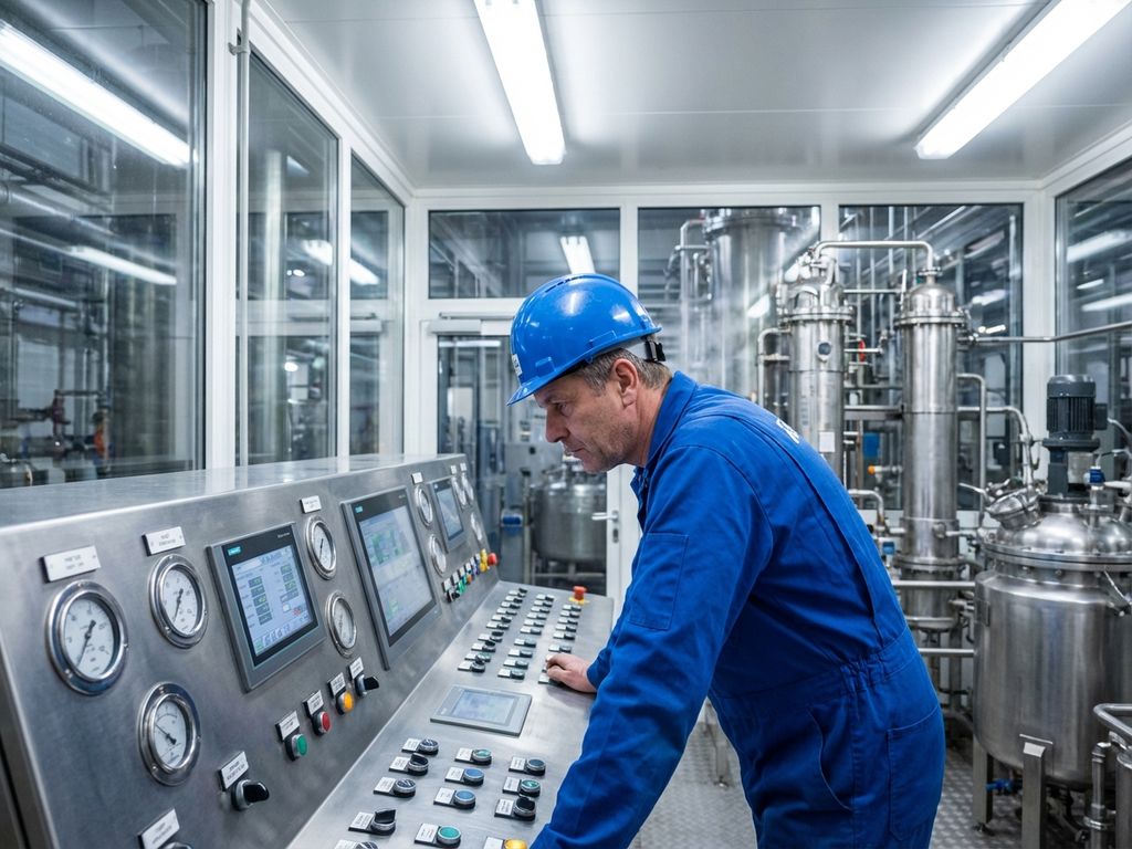 Industriële arbeider in blauwe overall bedient controlepaneel met meters in moderne chemische fabriek