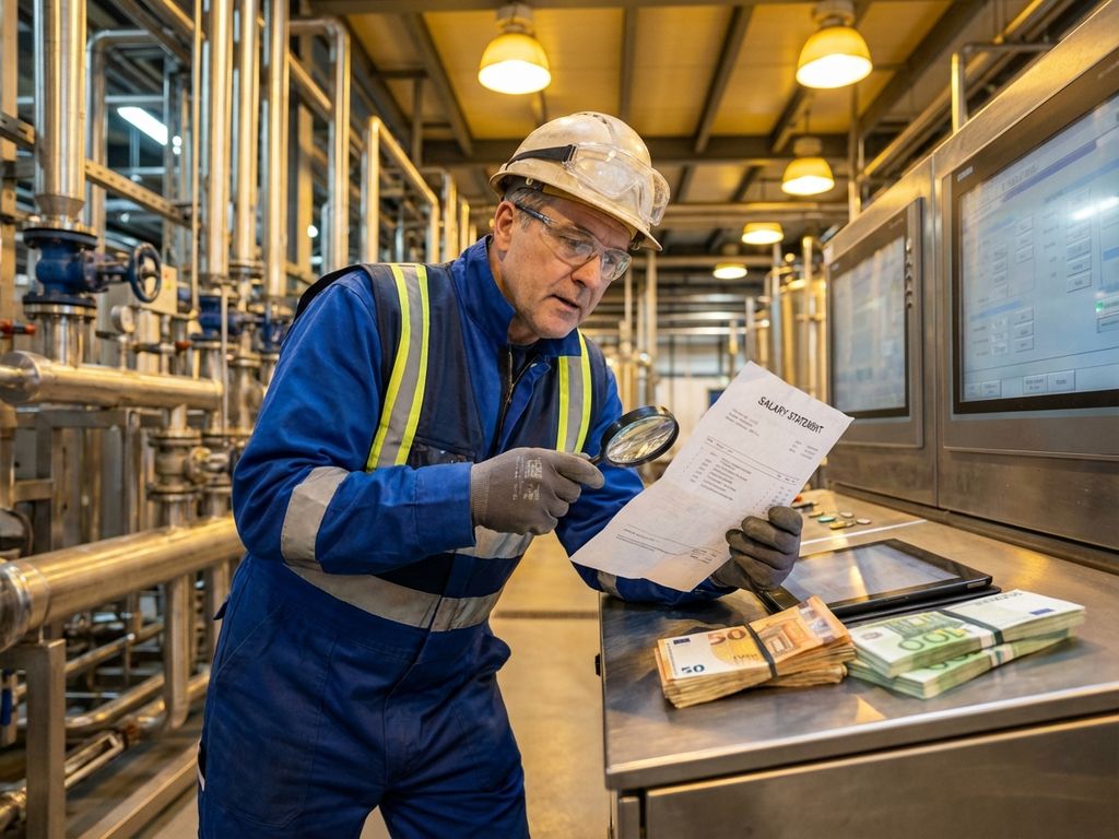 Industriële werker in veiligheidsuitrusting bekijkt salarisoverzicht in moderne chemische fabriek met euro bankbiljetten