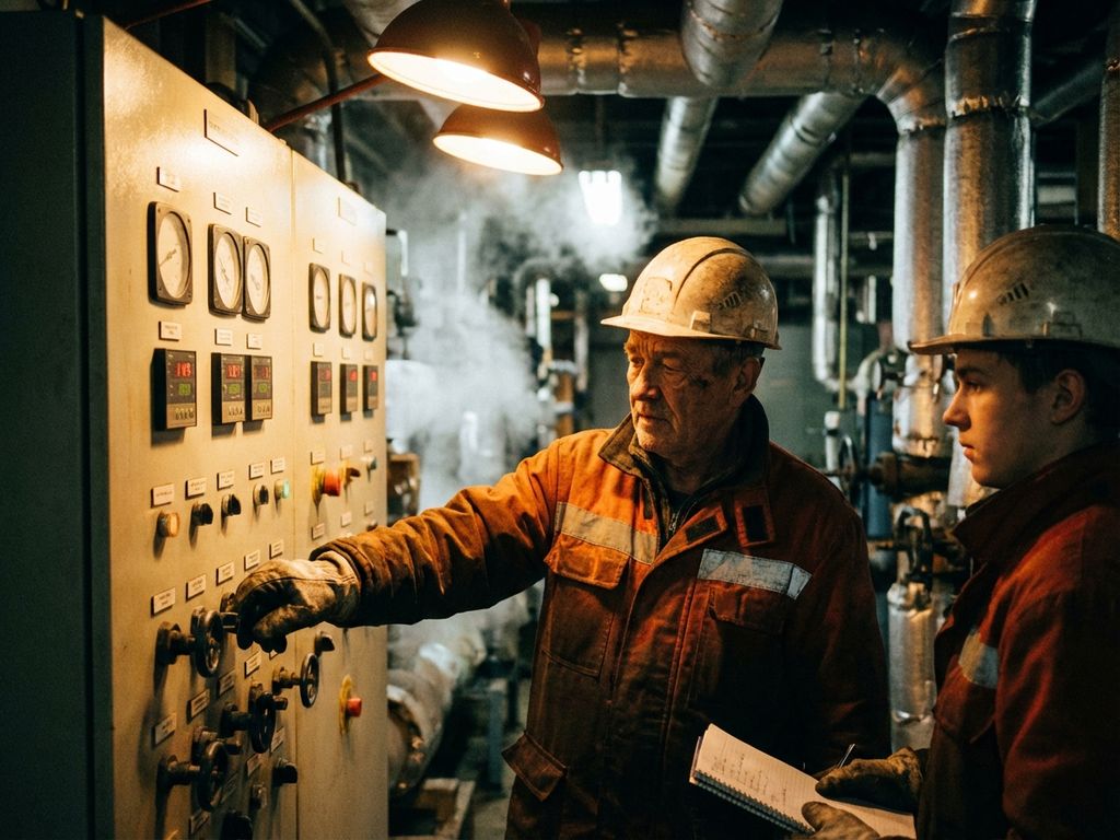 Ervaren industriële arbeider in veiligheidsuitrusting instrueert trainee bij bedieningspanelen in moderne fabriek