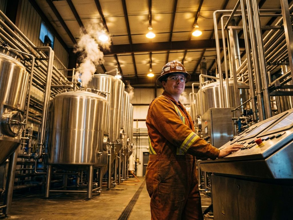 Procesoperator in veiligheidsuitrusting en helm staat zelfverzekerd in moderne industriële faciliteit met stalen apparatuur