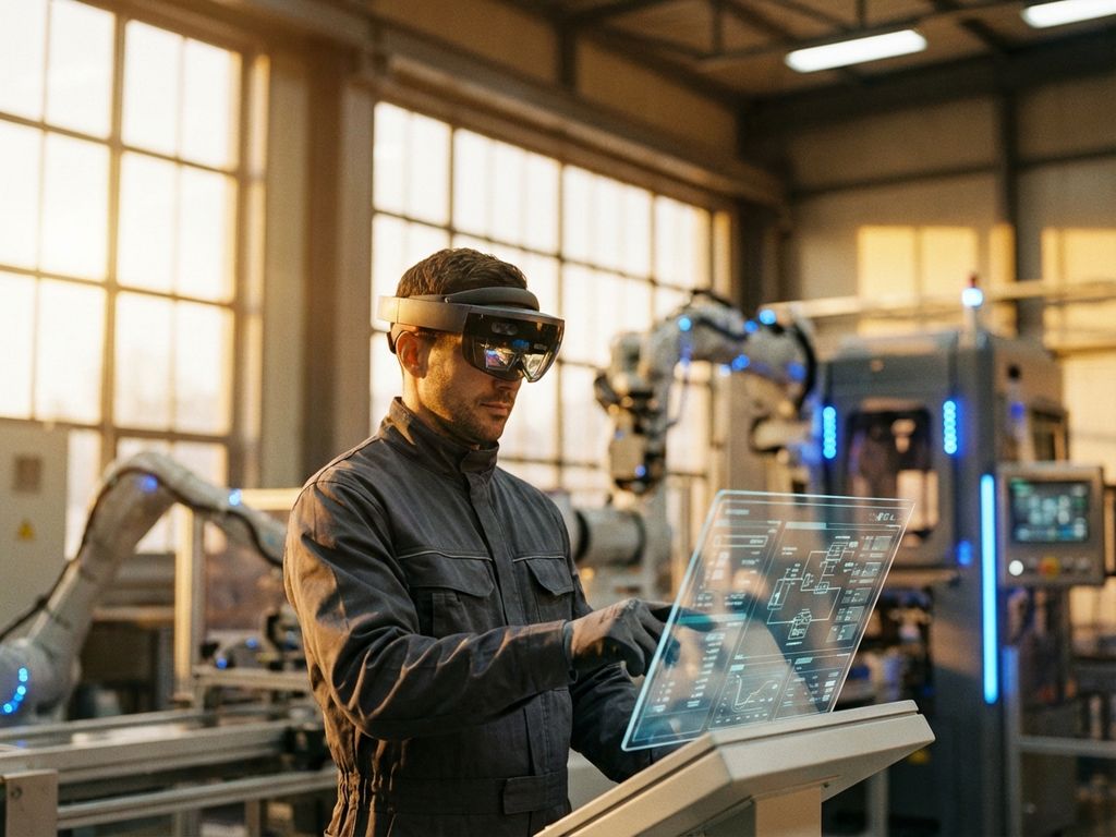 Procesoperator in veiligheidsuitrusting bedient holografisch controlepaneel in geautomatiseerde fabriek met LED-verlichting