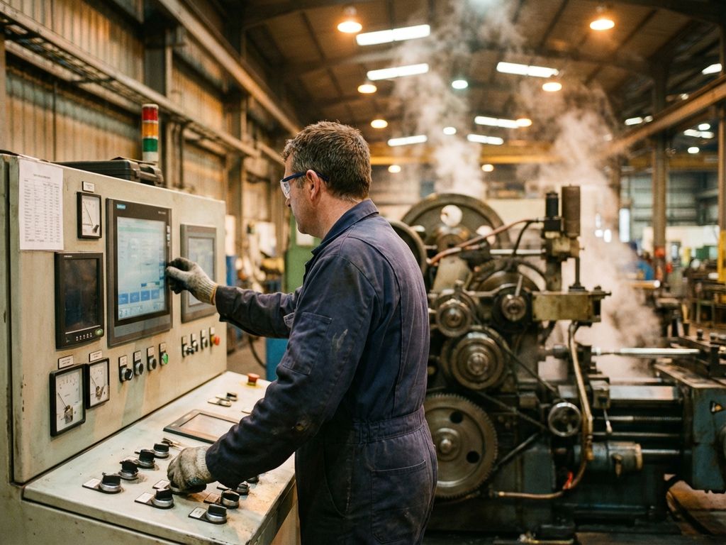 Industriële arbeider in blauwe overall bedient controlepaneel met monitors in fabriek met machines op achtergrond