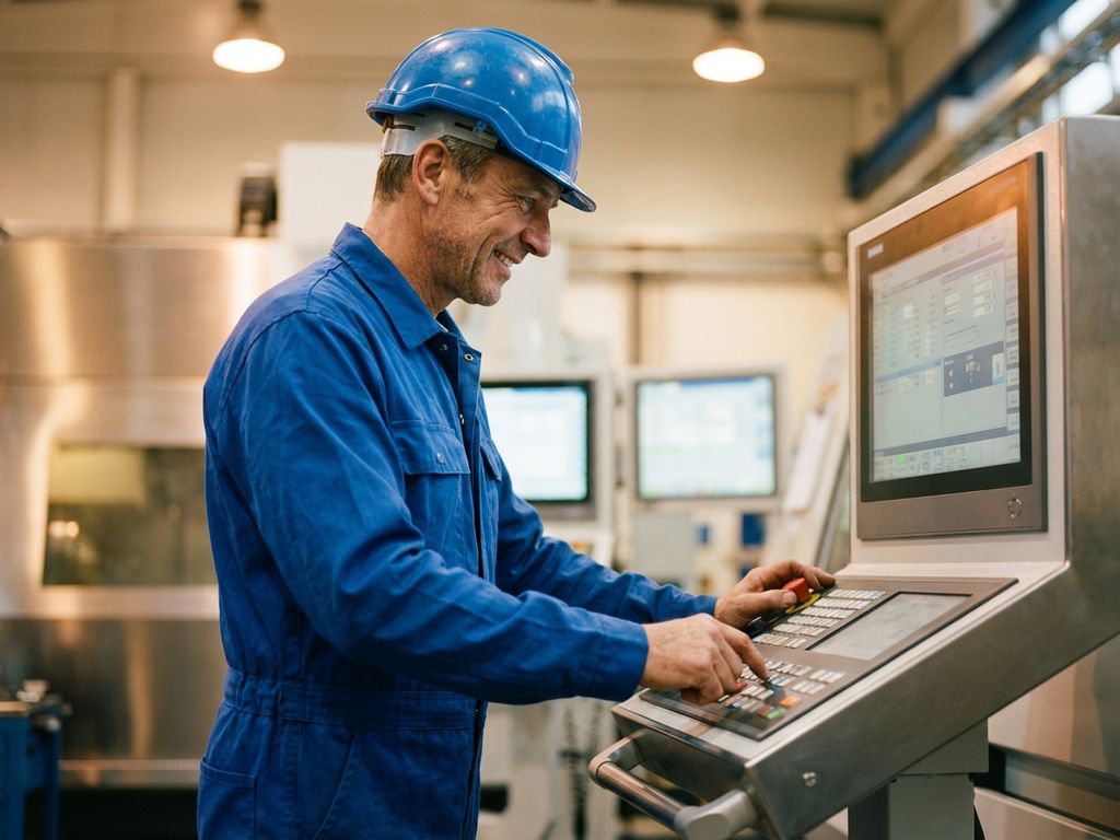 Industriële arbeider in blauwe overall bedient moderne controlepaneel in schone fabriek met digitale displays