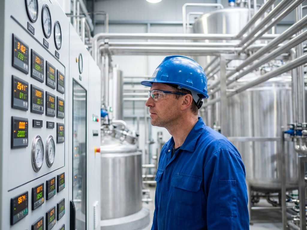 Industriële werker in blauwe overall en veiligheidshelm onderzoekt bedieningspaneel in chemische fabriek