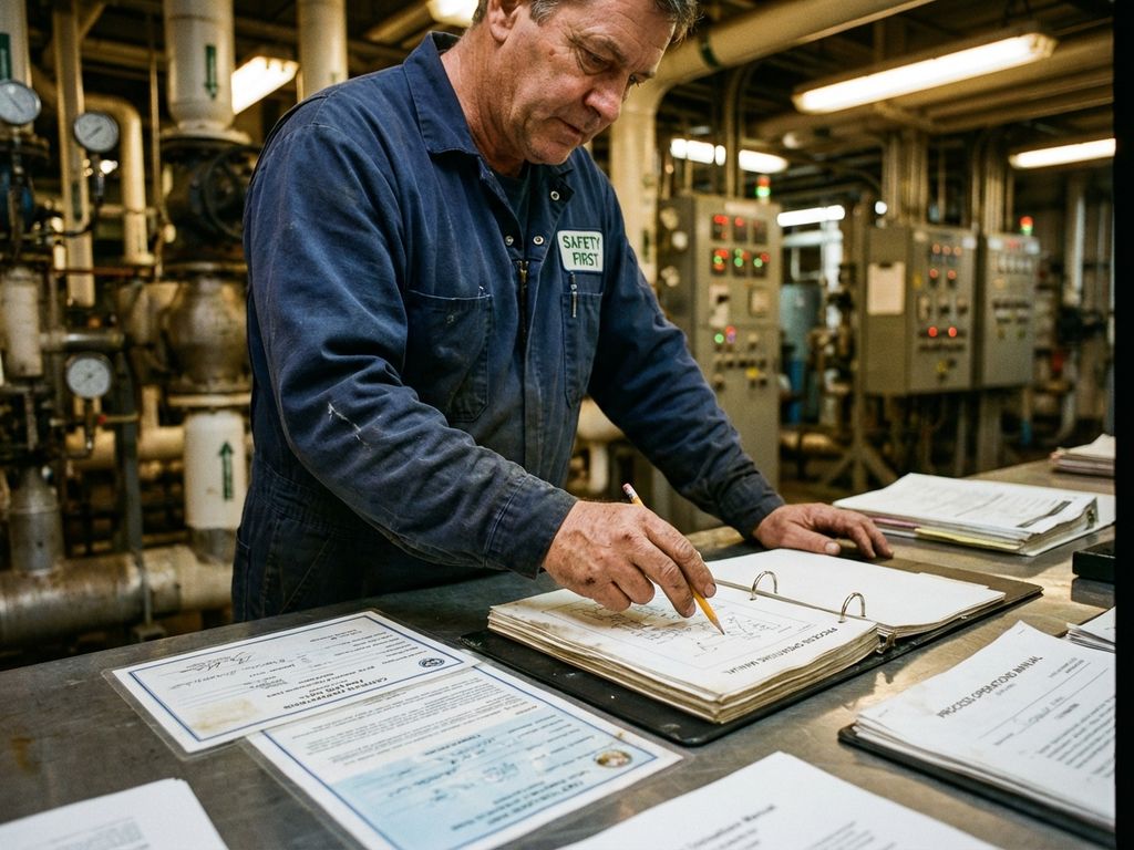 Industriële arbeider in blauwe overall bestudeert technische handleidingen aan metalen werkstation in fabriek