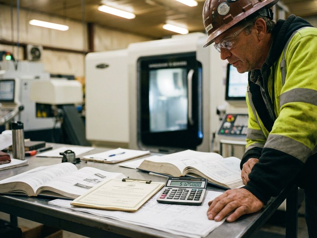 Industriële arbeider in veiligheidsuitrusting bestudeert technische handleidingen en certificaten op werkstation