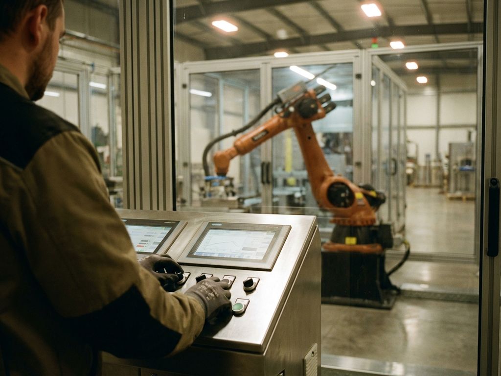 Procesoperator bedient bedieningspaneel terwijl robotarm machines bedient in moderne fabriek met digitale displays