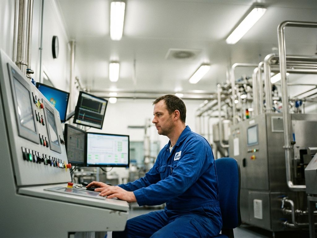 Industriële werker in blauwe overall bedient controlepanelen met computerschermen in moderne productiefaciliteit