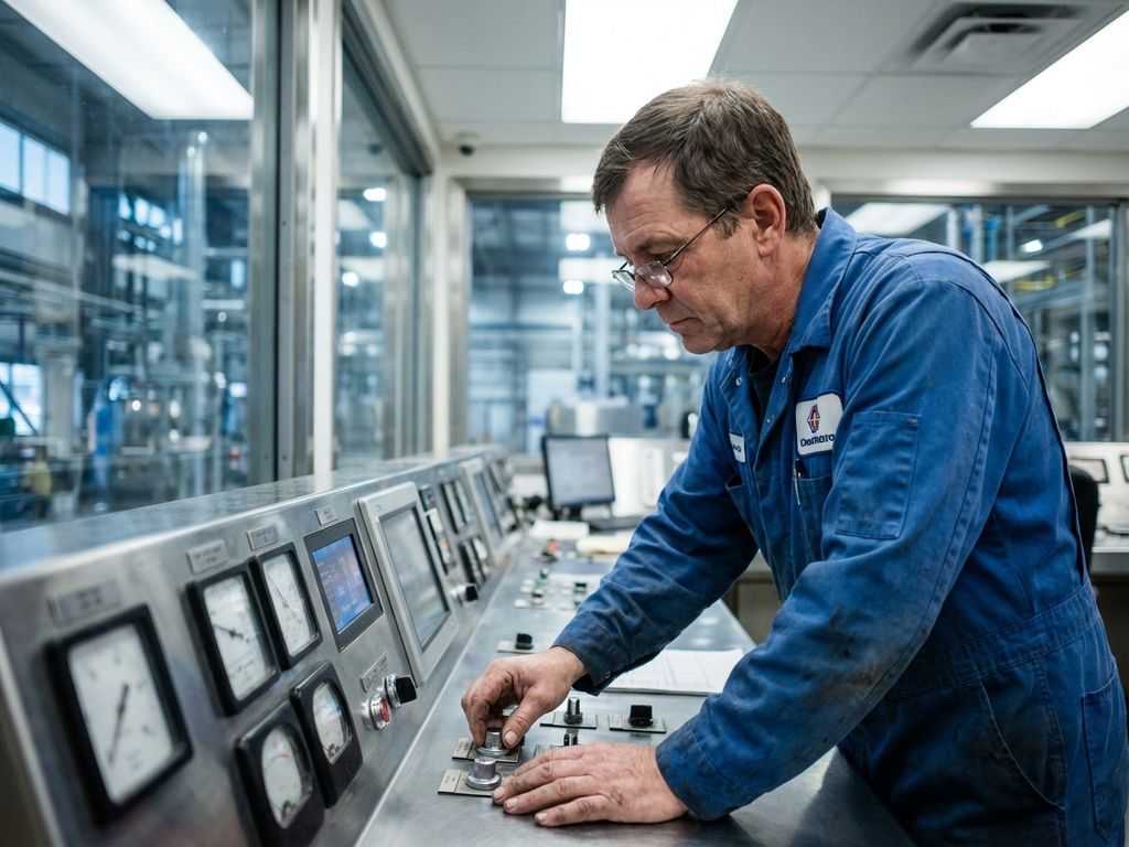Industriële operator in blauwe overall bedient controlepaneel met schermen en meters in moderne fabriek