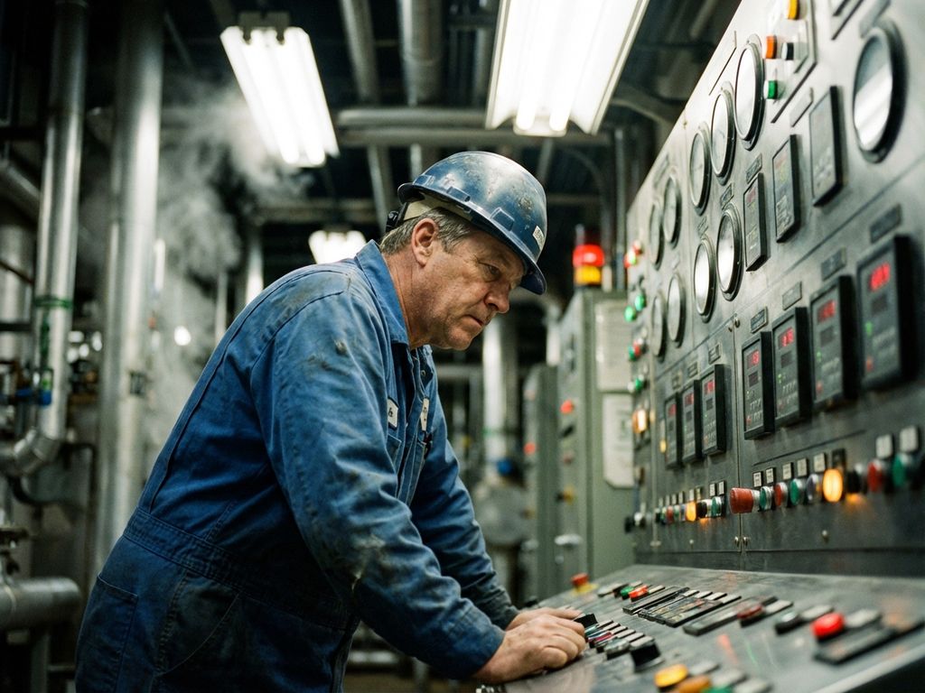 Procesoperator in blauwe overall controleert industriële bedieningspanelen in chemische fabriek