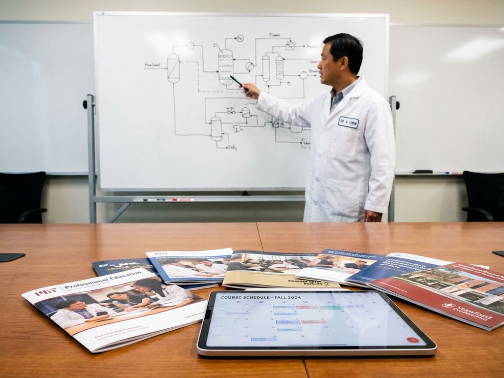 Professionele instructeur in witte jas wijst naar industrieel processchema op whiteboard naast educatieve brochures