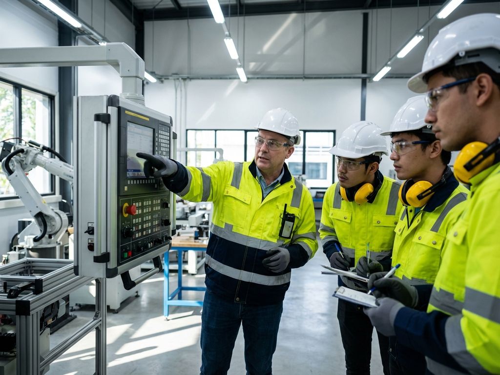 Professionele instructeur in veiligheidsuitrusting demonstreert industriële apparatuur aan studenten in moderne trainingsfaciliteit