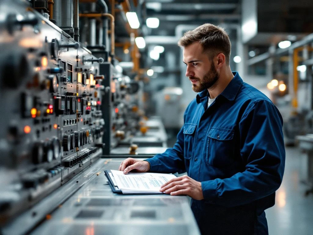 Industriële werker in blauwe overall inspecteert controlepaneel met meters en displays in moderne fabriek